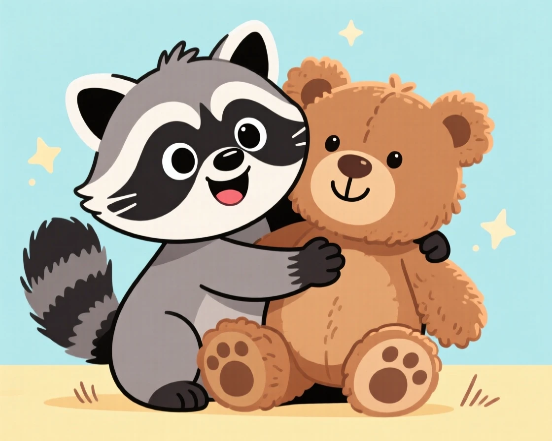 A baby raccoon hugging a stuffed toy.