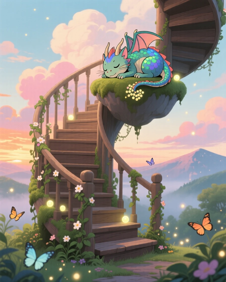 A staircase spiraling up into the clouds, where a small dragon curled up like a cat can be seen nearby, the atmosphere quietly enchanting.