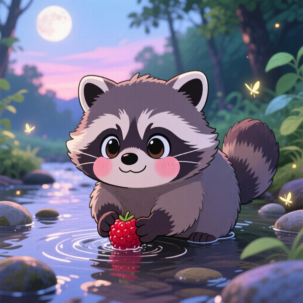 A plump raccoon kit washing a berry in a shallow stream in a moonlit woodland creek under a clear summer sky; soft pastel light of dawn washes over the scene as quiet contentment fills the moment. Close-up portrait.