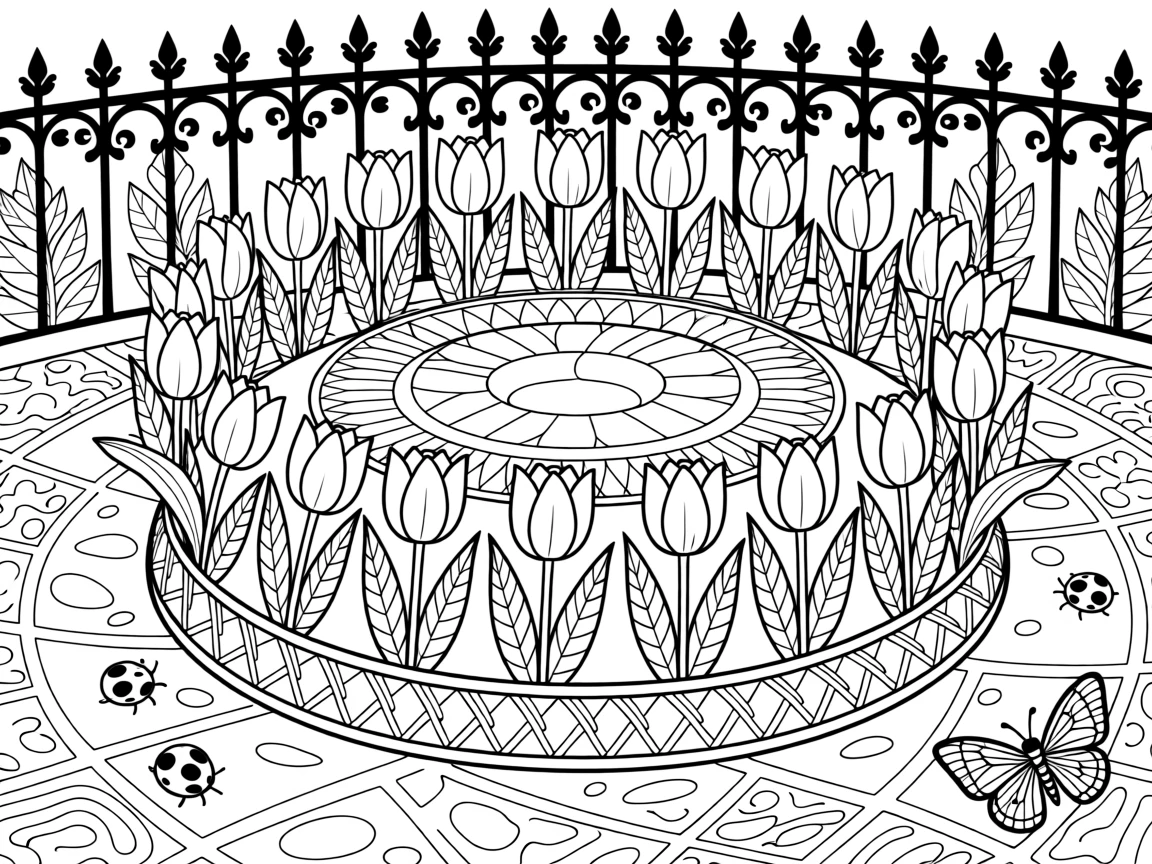 A bed of tulips arranged in concentric rings of different varieties.