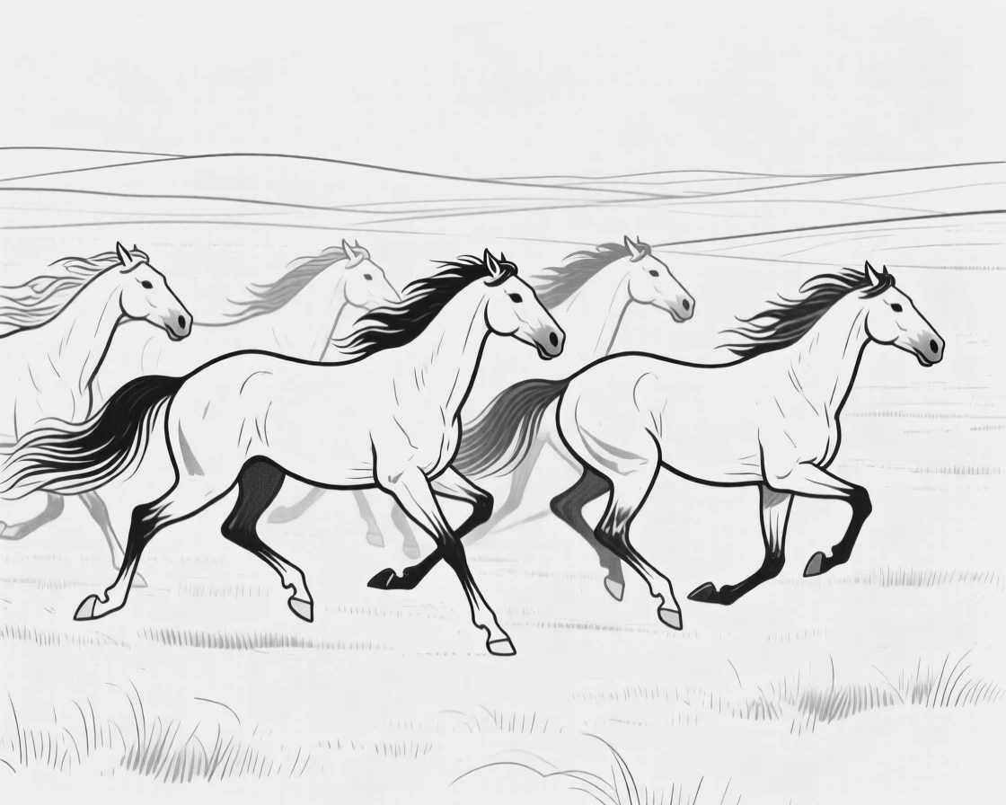 A herd of wild mustangs running across open plains