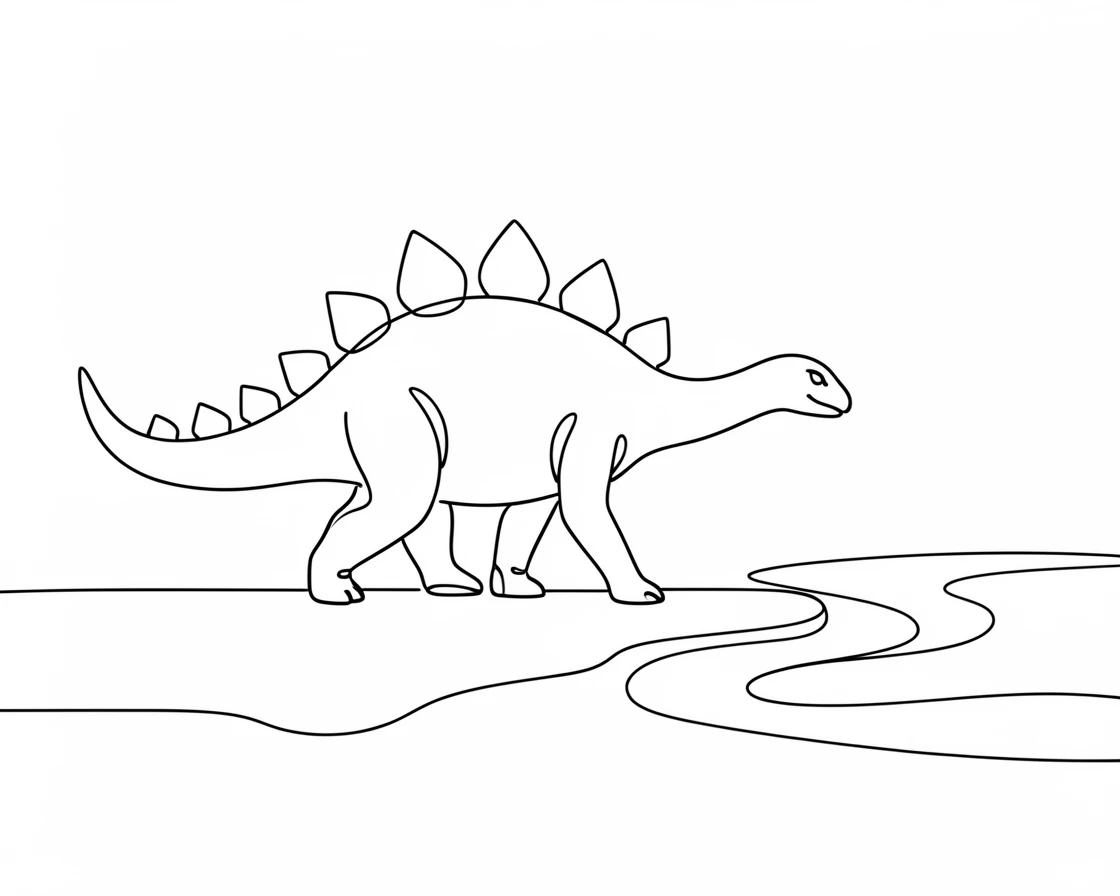 A Stegosaurus with its plated back walking along a riverbank