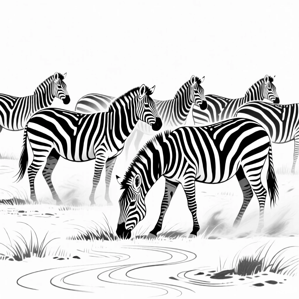 A zebra herd grazing on the savanna with dust rising under their hooves.