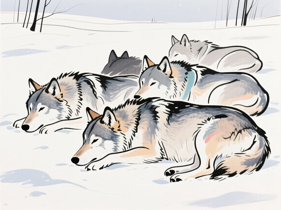 A pack of wolves resting together in a snowy clearing.