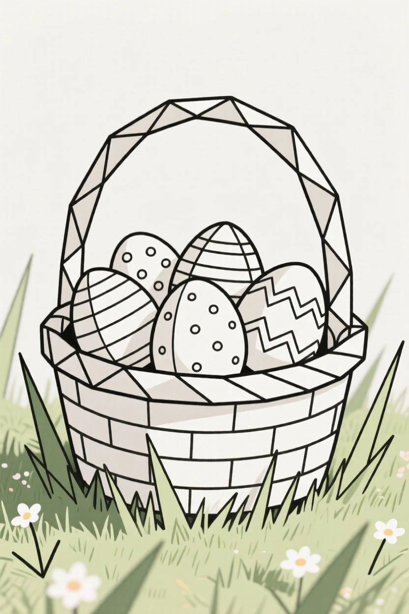 A basket of decorated Easter eggs in spring grass