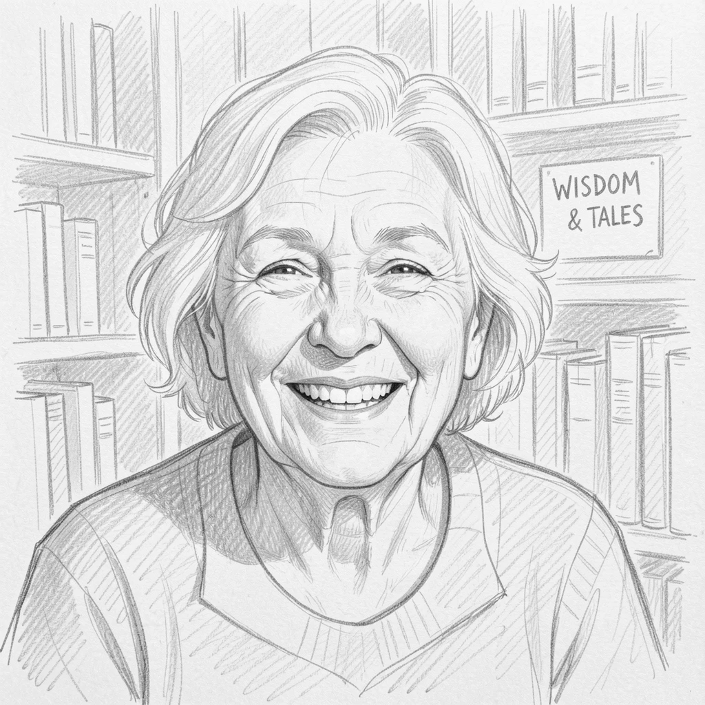 Close-up portrait of a wise elderly grandmother in a quiet library nook, laughing with pure delight.