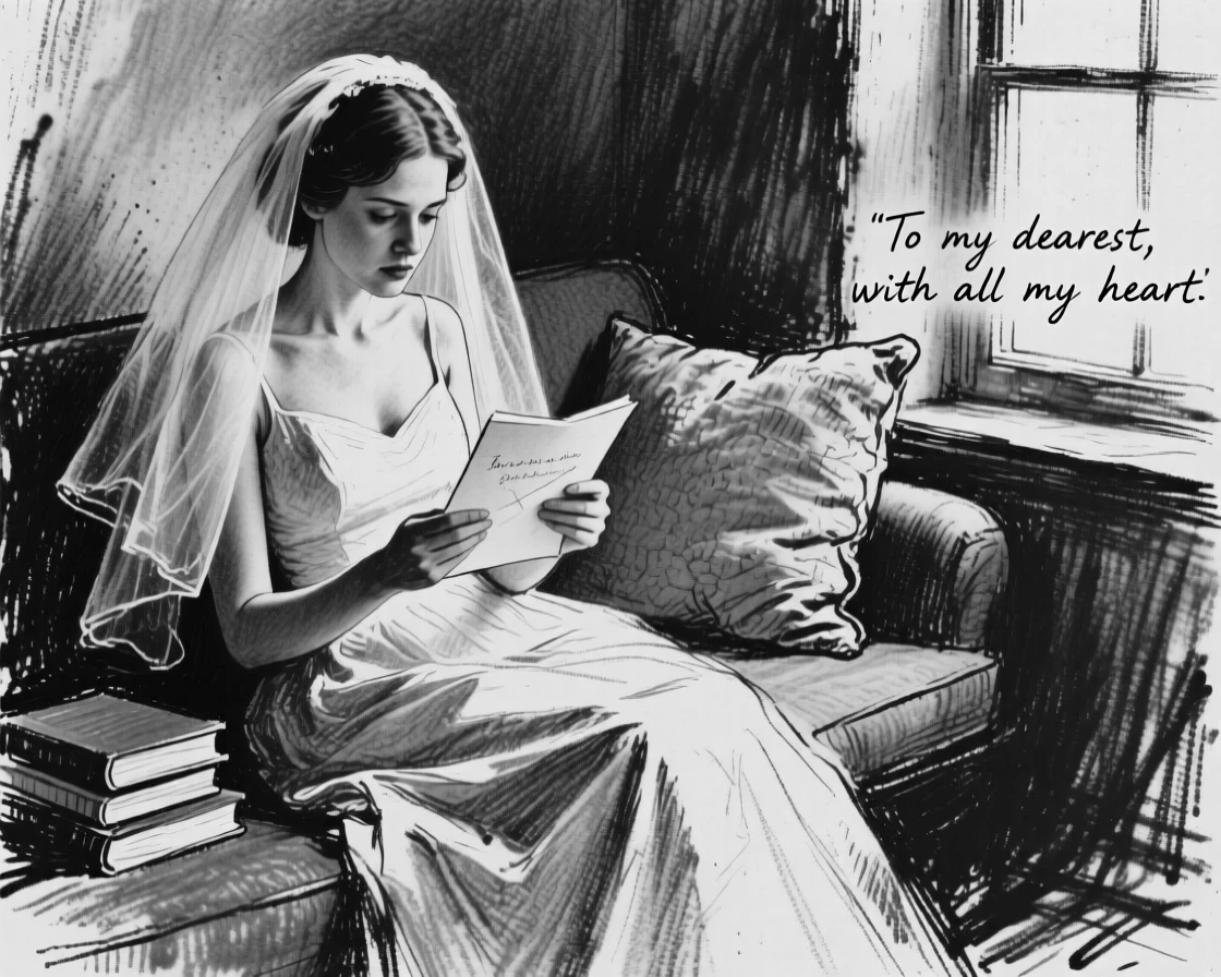 A bride reading a letter with a mixture of hope and longing, in a cozy reading nook.