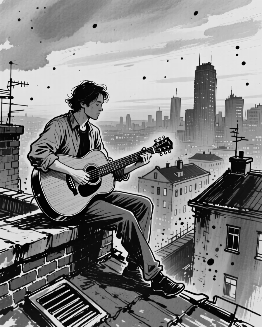 A musician playing acoustic guitar on a rooftop at dusk, city lights beginning to twinkle below.