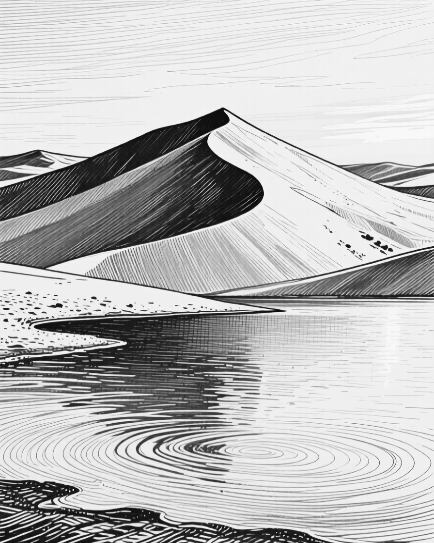 A desert dune ridge under the soft glow of early morning light, with ripples spreading across still water, evoking a serene and contemplative atmosphere in a wide, balanced composition.