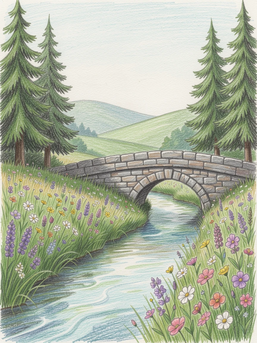 A wildflower meadow bordered by a babbling brook and old stone bridge, framed by tall evergreens and distant rolling hills, celebrating the quiet majesty of the natural world.