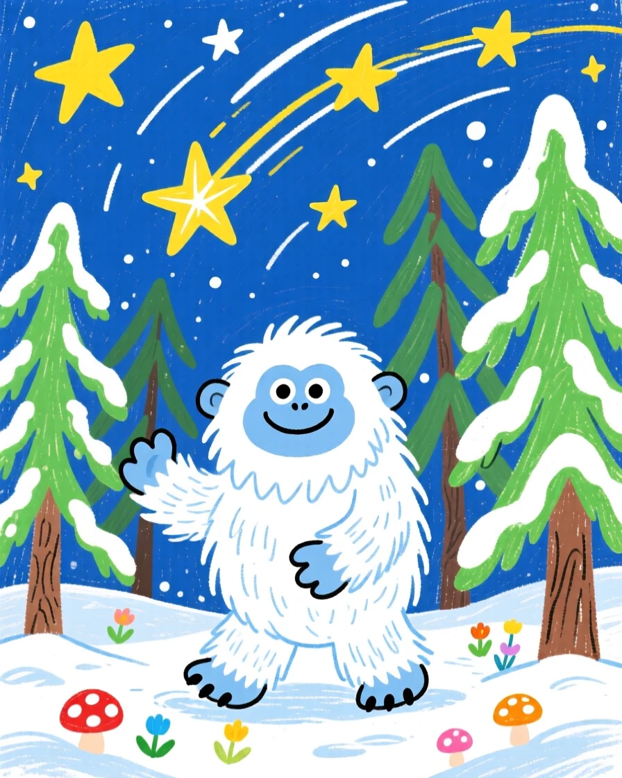 A curious yeti exploring a snowy forest beneath a sky full of shooting stars.
