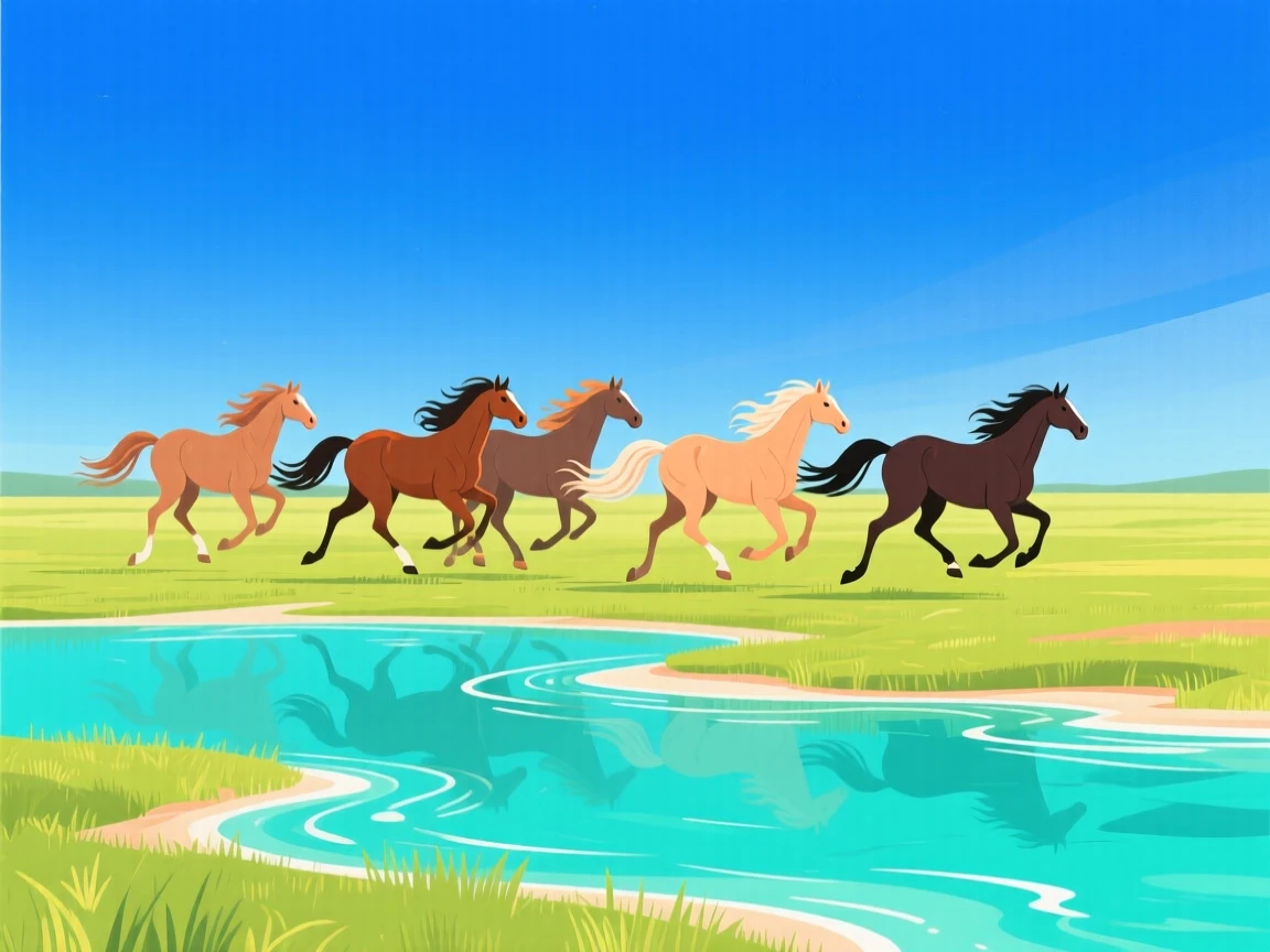 A herd of wild horses galloping across open plains, set within a crystal clear tropical lagoon, centered in the frame with gentle negative space around it, with vivid, richly saturated colors that pop.