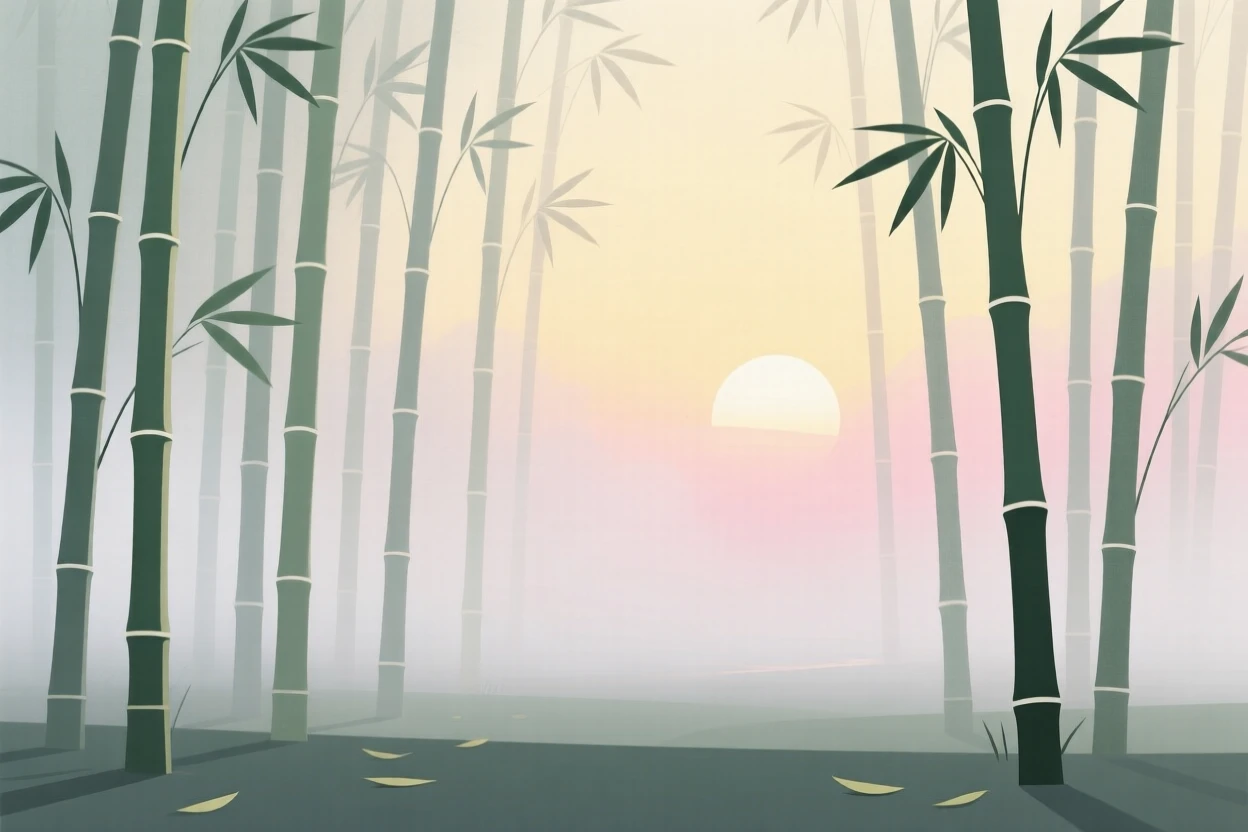 A misty bamboo grove at sunrise with soft light filtering through the rising mist.
