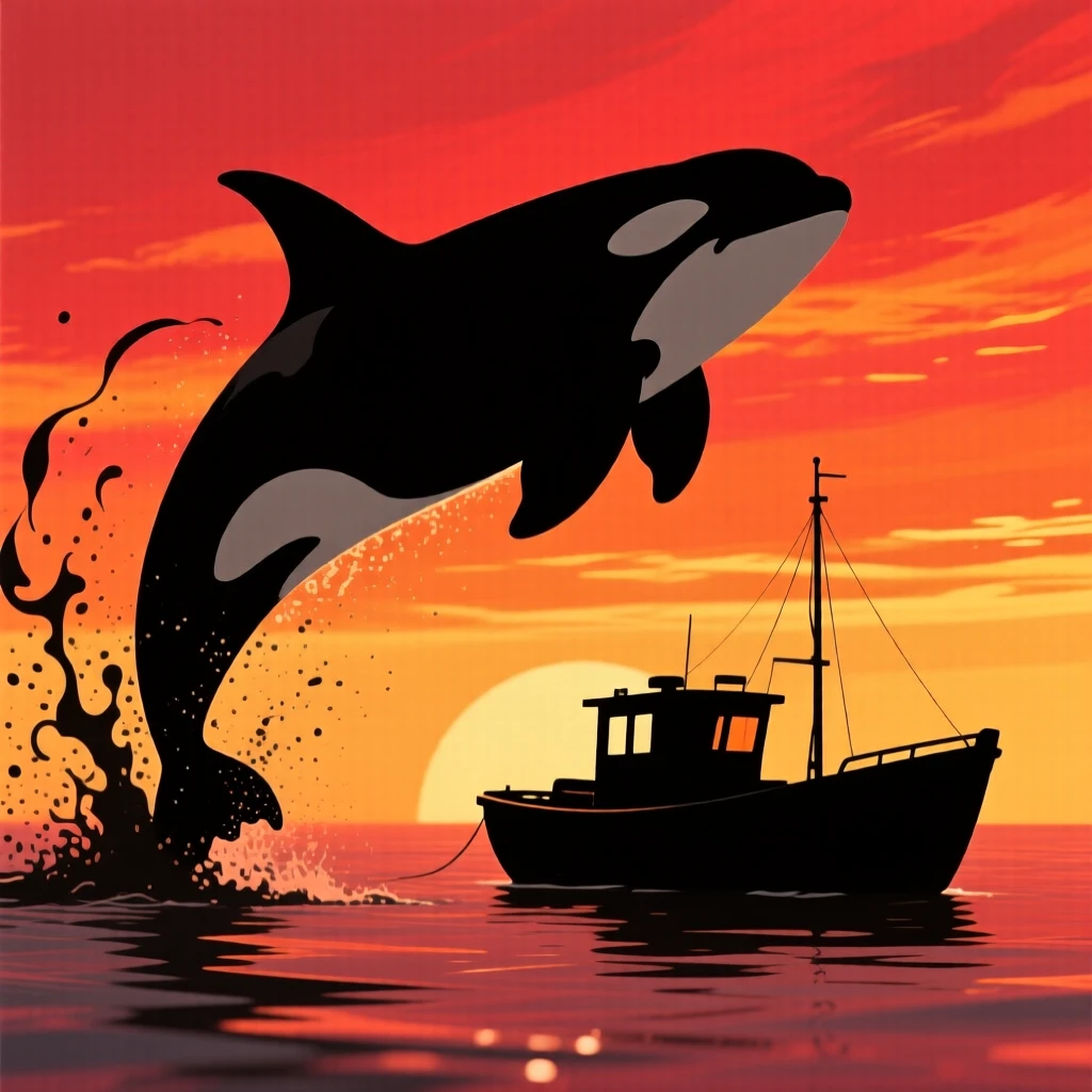 An orca breaching beside a small fishing boat, spray fanning out around its dorsal fin.