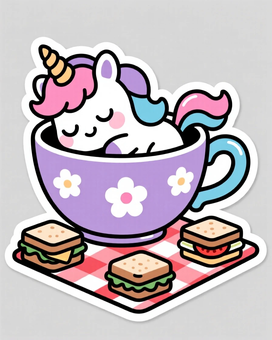 A mischievous chibi unicorn napping inside a teacup, on a picnic blanket with tiny sandwiches nearby.