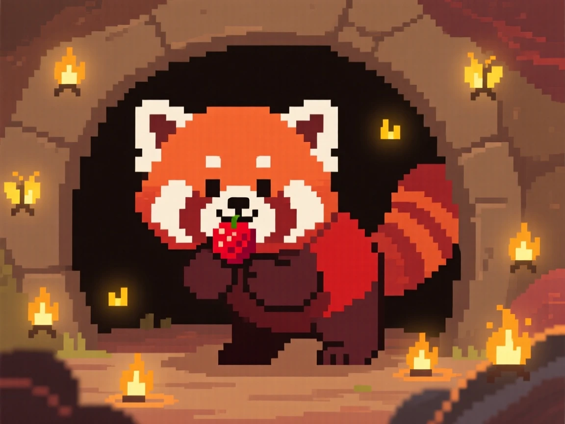 A young red panda balancing a single berry on its nose, inside a cozy burrow lit by fireflies.