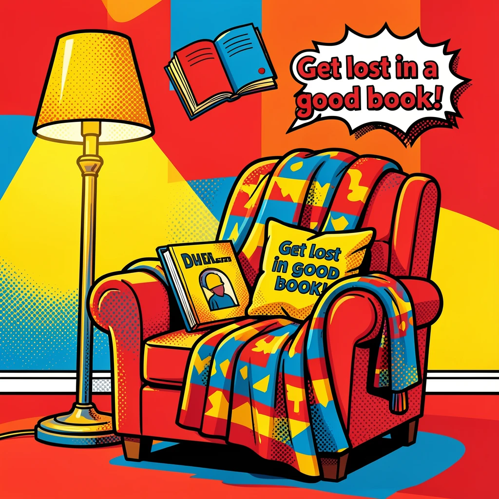 A cozy reading corner with a soft blanket and dim lamp light