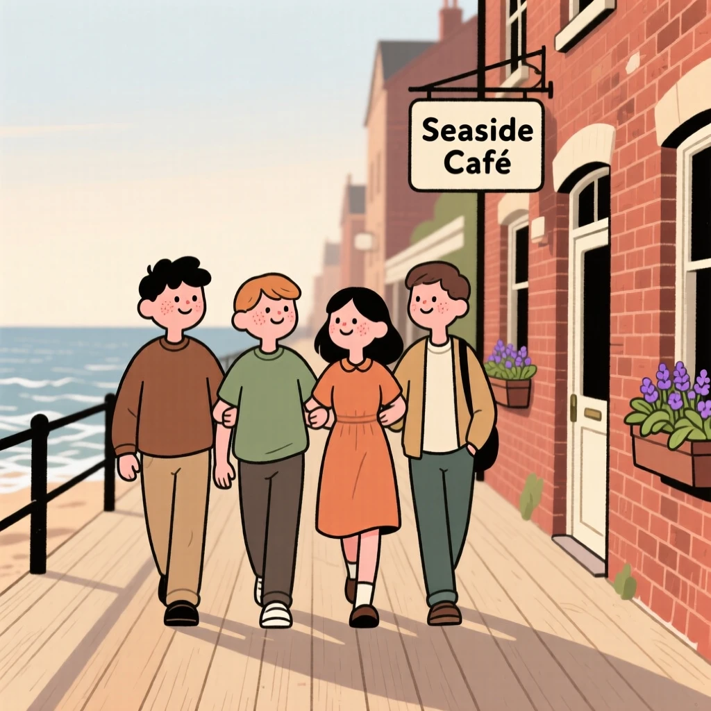 A group of friends link arms and walk down a seaside boardwalk lined with old brick buildings, heading toward a favorite café.