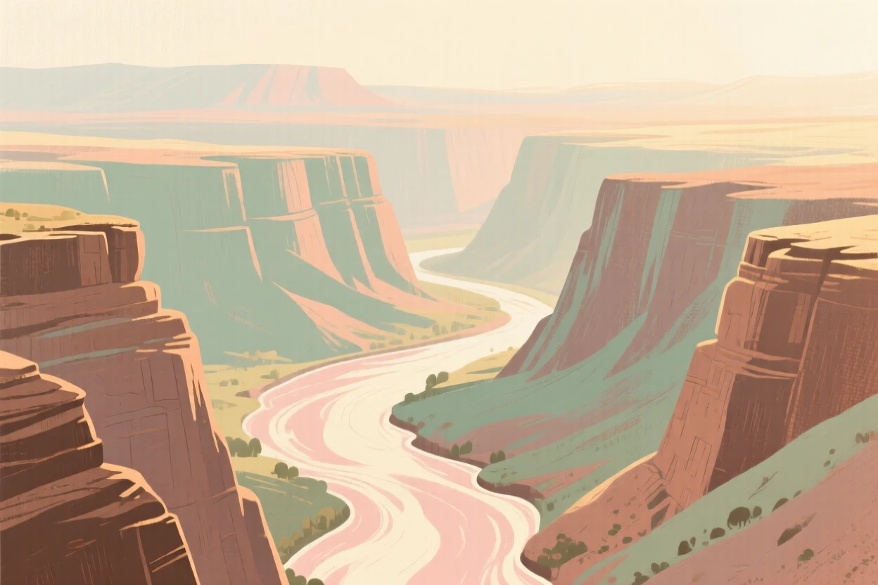 A wide canyon carved by a winding river far below
