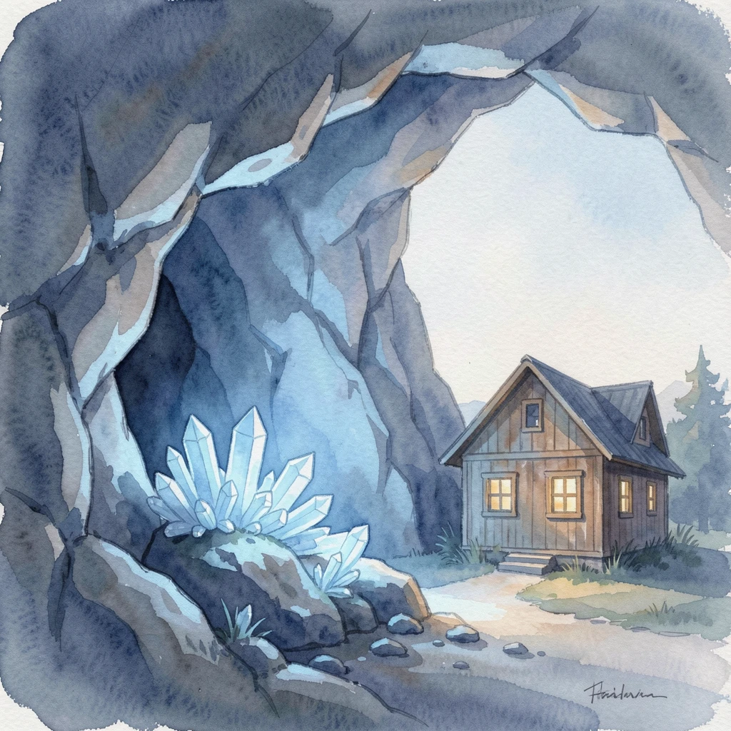 A cave with glowing crystals in the blue light of dusk with a small wooden cabin at the edge.