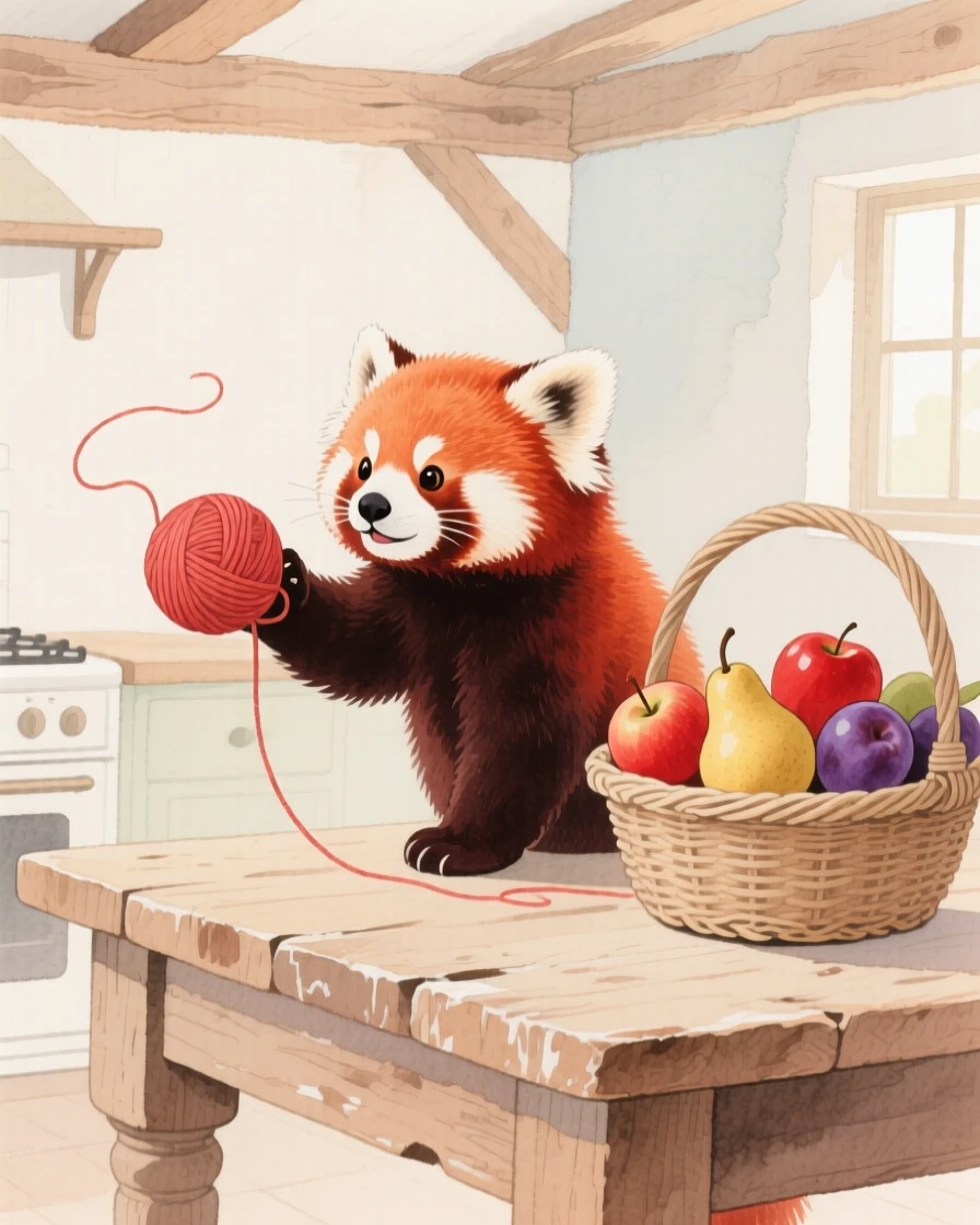 A red panda plays with a ball of yarn in a rustic farmhouse kitchen, beside a basket of ripe fruit