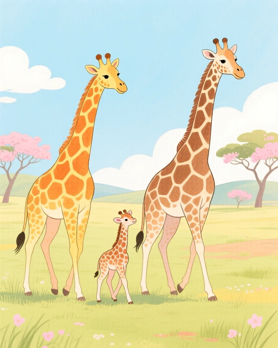 A vivid scene of a giraffe family walking across the open plains.