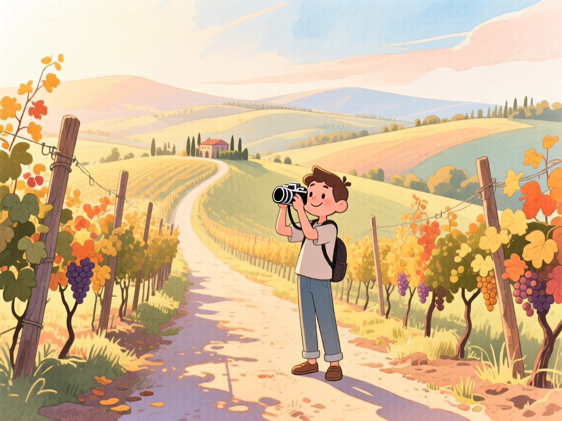 A photographer captures the golden light amid a rustic vineyard road through the hills of Tuscany, radiating cultural warmth and beauty.