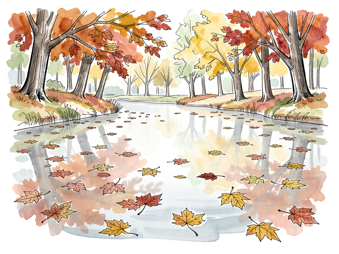 A tide of autumn leaves drifting across a still pond, reflections of orange and red trees mirrored on the surface