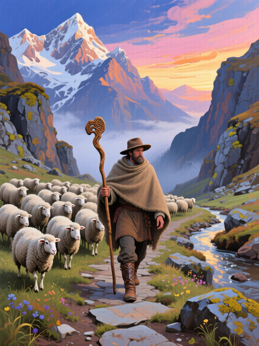 a shepherd leading sheep through a high mountain pass, at first light, with a balanced, spacious view of the surroundings.