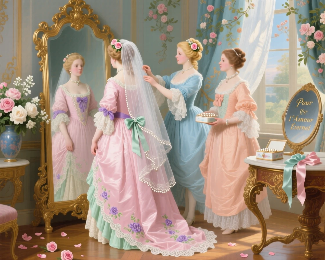 A young bride gazing into a mirror as friends fasten her veil  