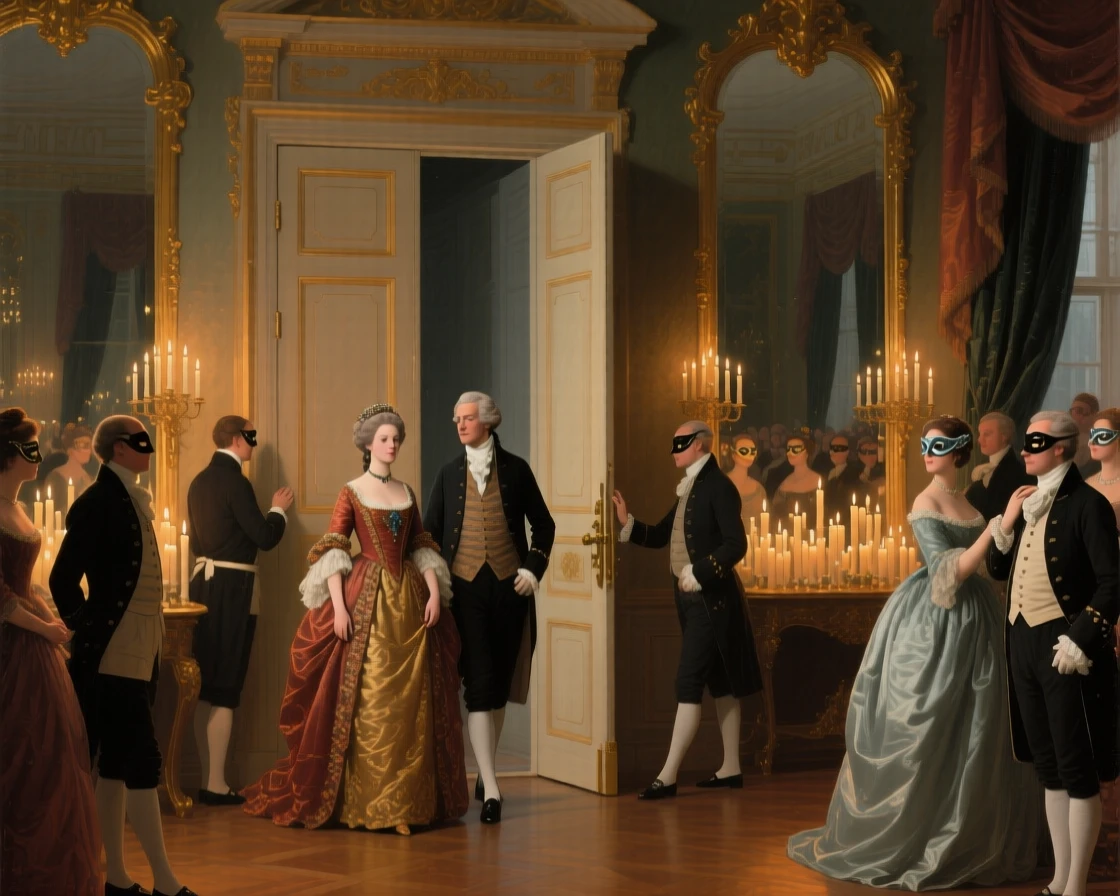 A baroness overseeing preparations for a masked ball just before the grand doors are thrown open, set within a mirrored ballroom lit by hundreds of candles, with liveried servants moving quietly among the guests; the composition arranges figures in a graceful arc around the focal couple, radiating celebration, elegance, and social grace.