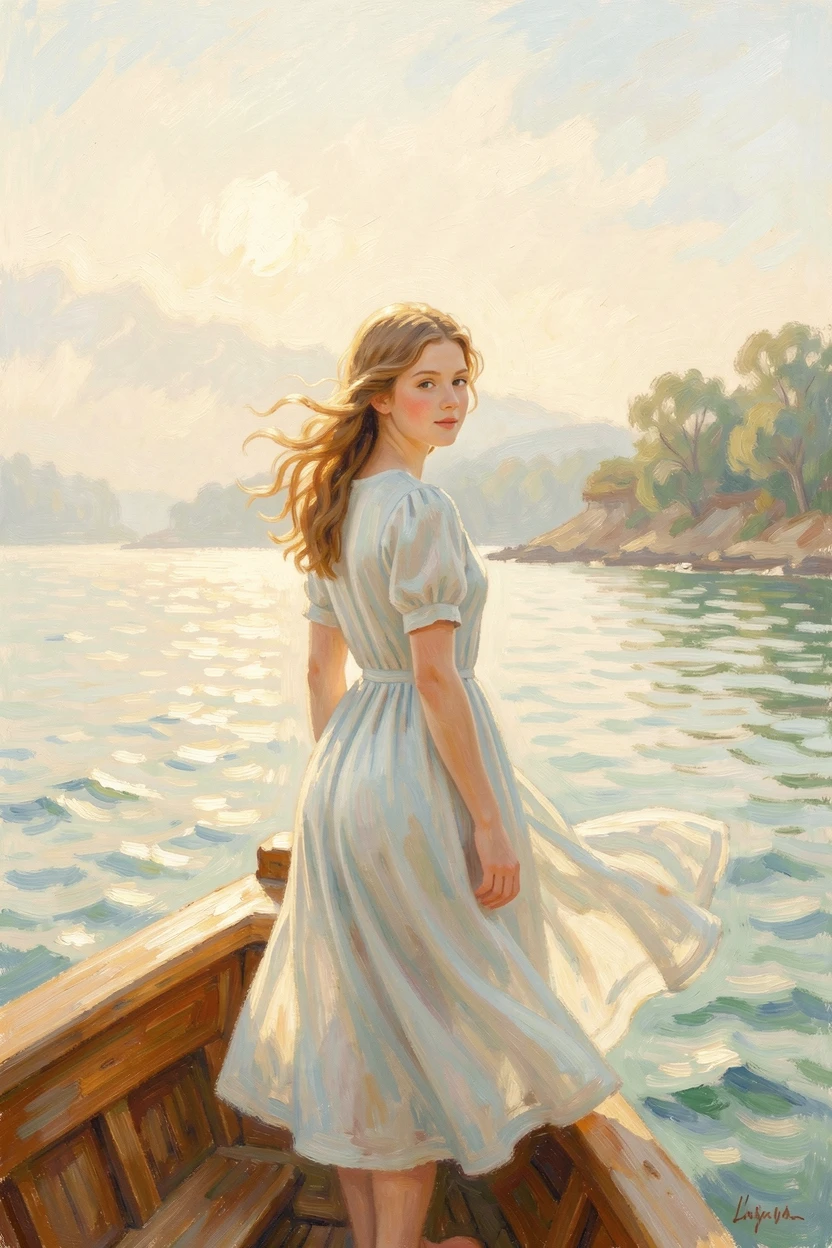 A young woman standing at the bow of a ship, wind catching her hair as the coastline fades behind her.