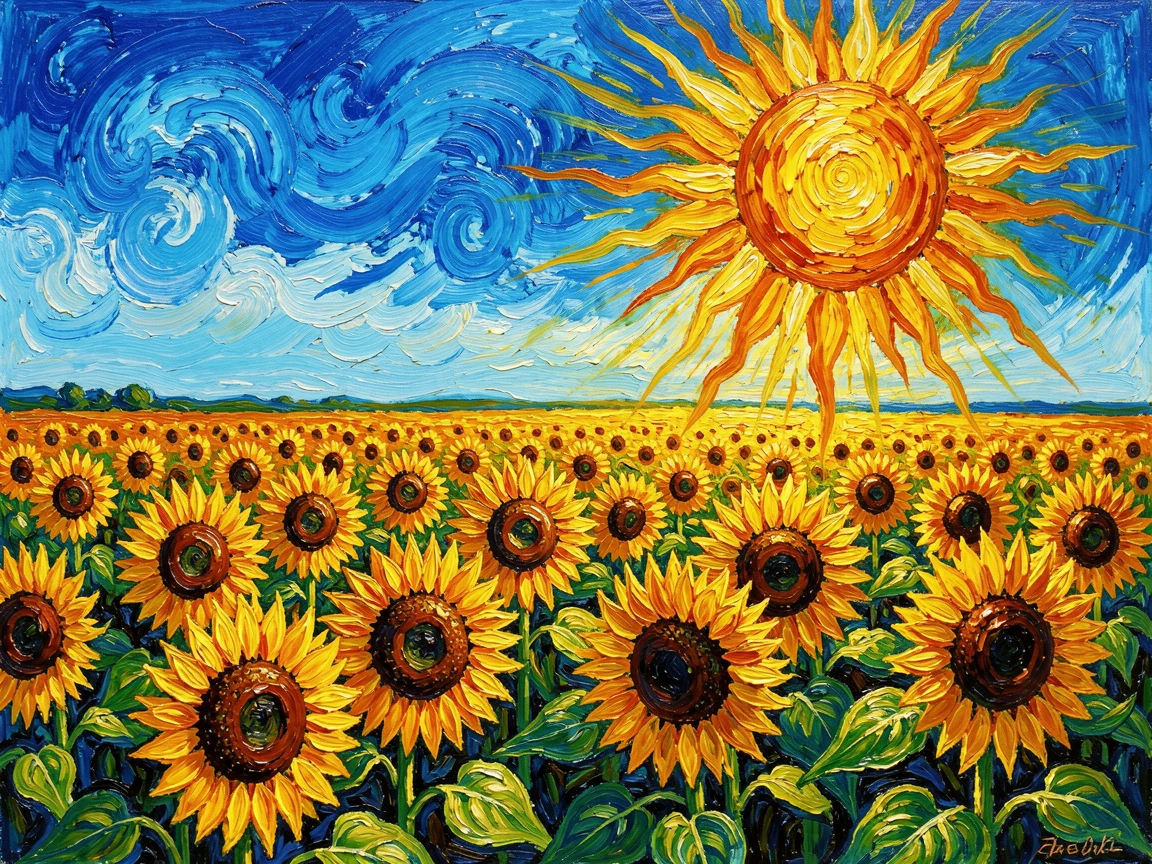 A field of sunflowers turned toward a blazing summer sun, stretching endlessly under a clear blue sky.