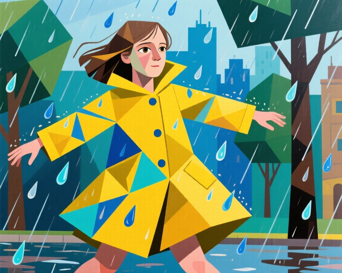 A young girl twirling in a bright yellow raincoat during a summer shower.