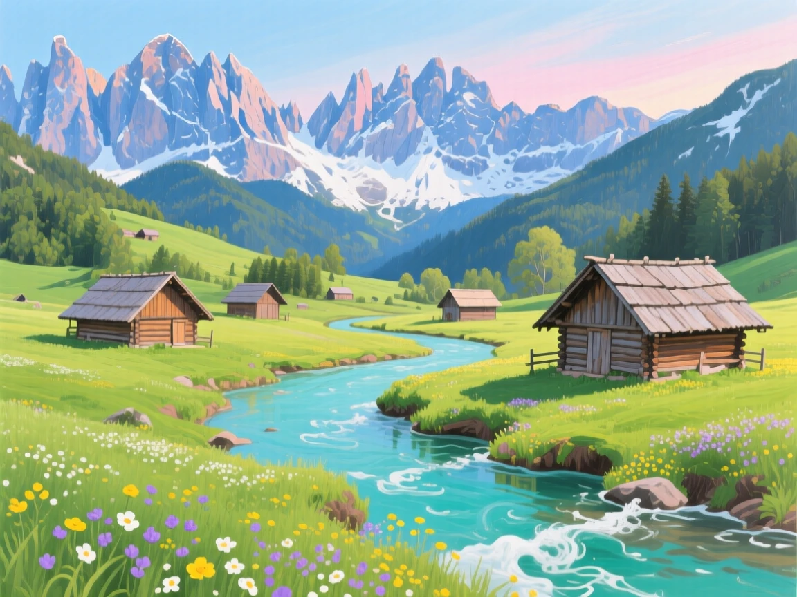 Springtime in the Julian Alps shows a green valley dotted with wooden hay barns, a turquoise river snaking through the pasture, and snow still clinging to the jagged summits above.