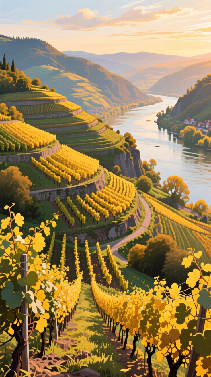 A steep vineyard on terraced hills above a river valley, rows of grapevines glowing gold in late afternoon light