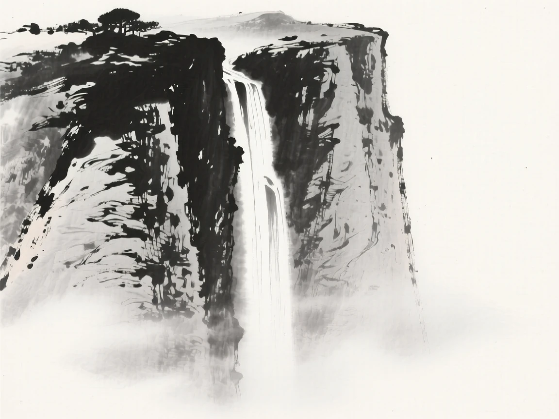 a steep cliff face, emerging from morning haze, with a waterfall cascading down its face.