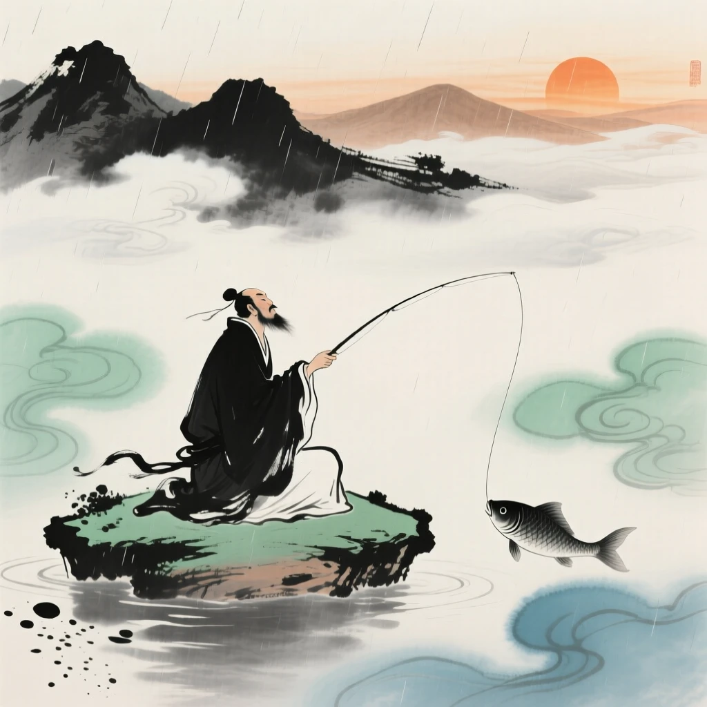 An immortal fisherman casting a line from a floating island in the clouds, as the sun sets behind distant peaks, in a gentle drizzle.