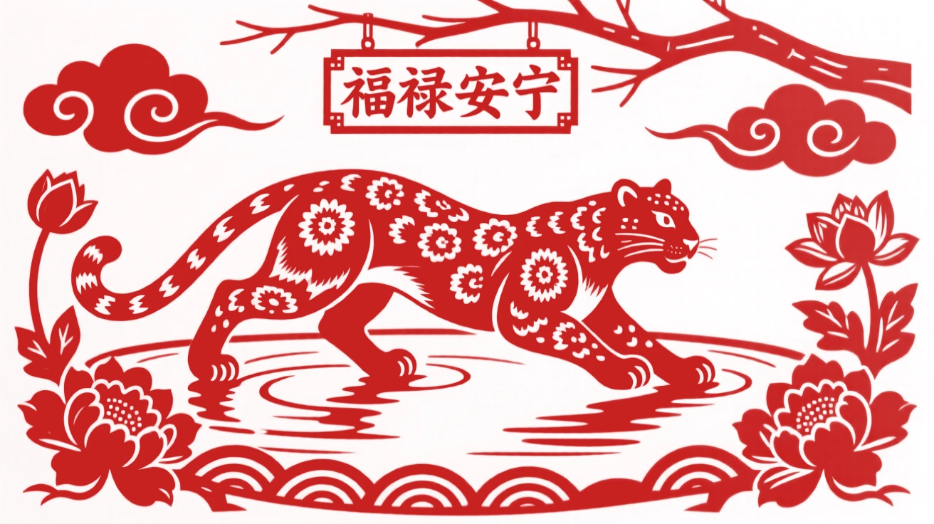 A snow leopard, gliding low over a still pond, symbolizing peace and good fortune.