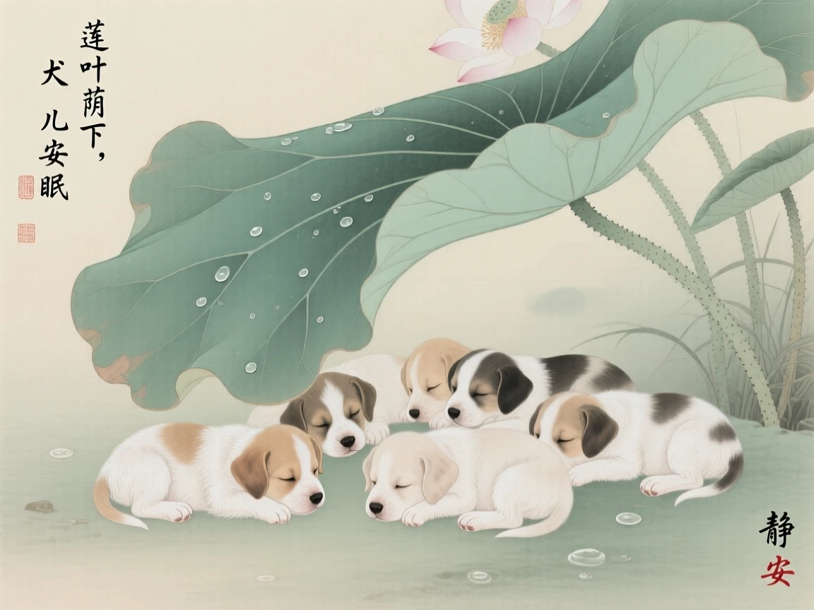 A litter of puppies resting in the shade of a lotus leaf