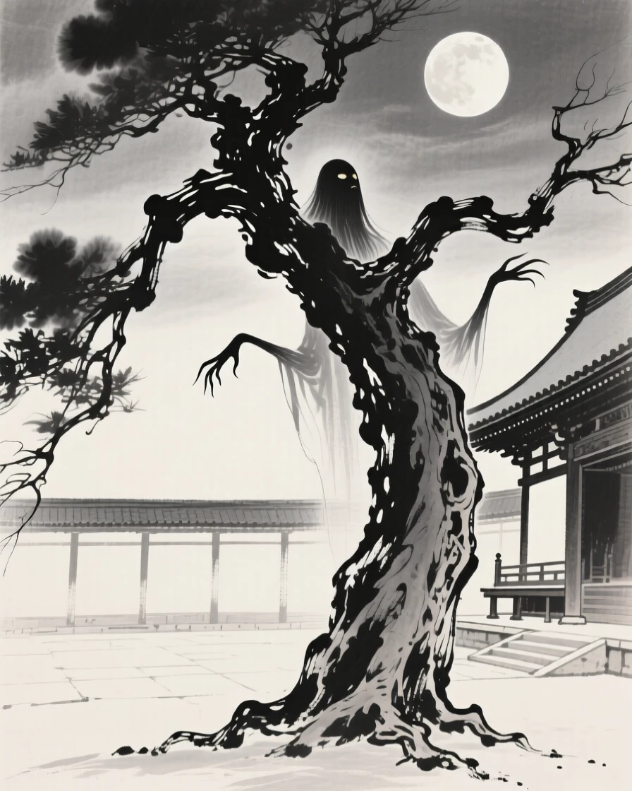 An ancient tree spirit with branches like reaching arms beside a moonlit temple courtyard, seen from below, looking up in quiet awe, capturing a dreamlike, otherworldly stillness.