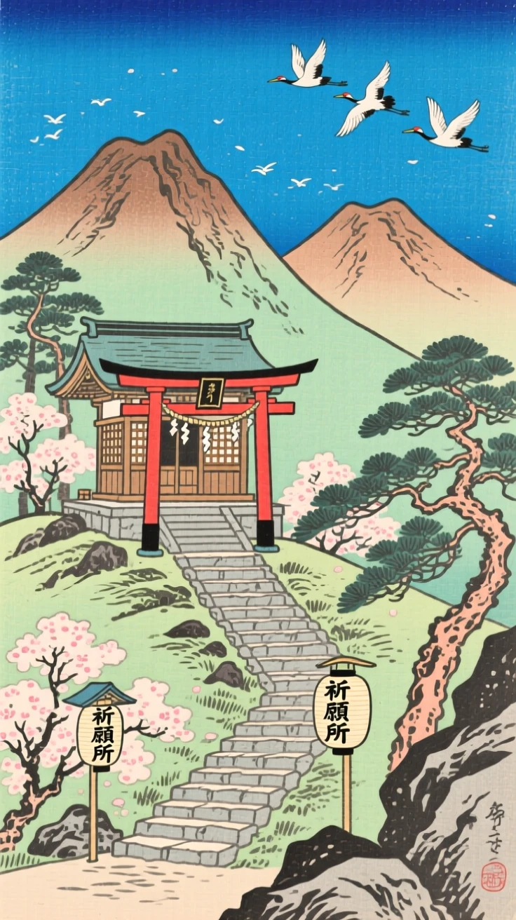 A twin-peaked ridge, with a winding stone staircase to a hilltop shrine, under a brilliant blue midday sky.