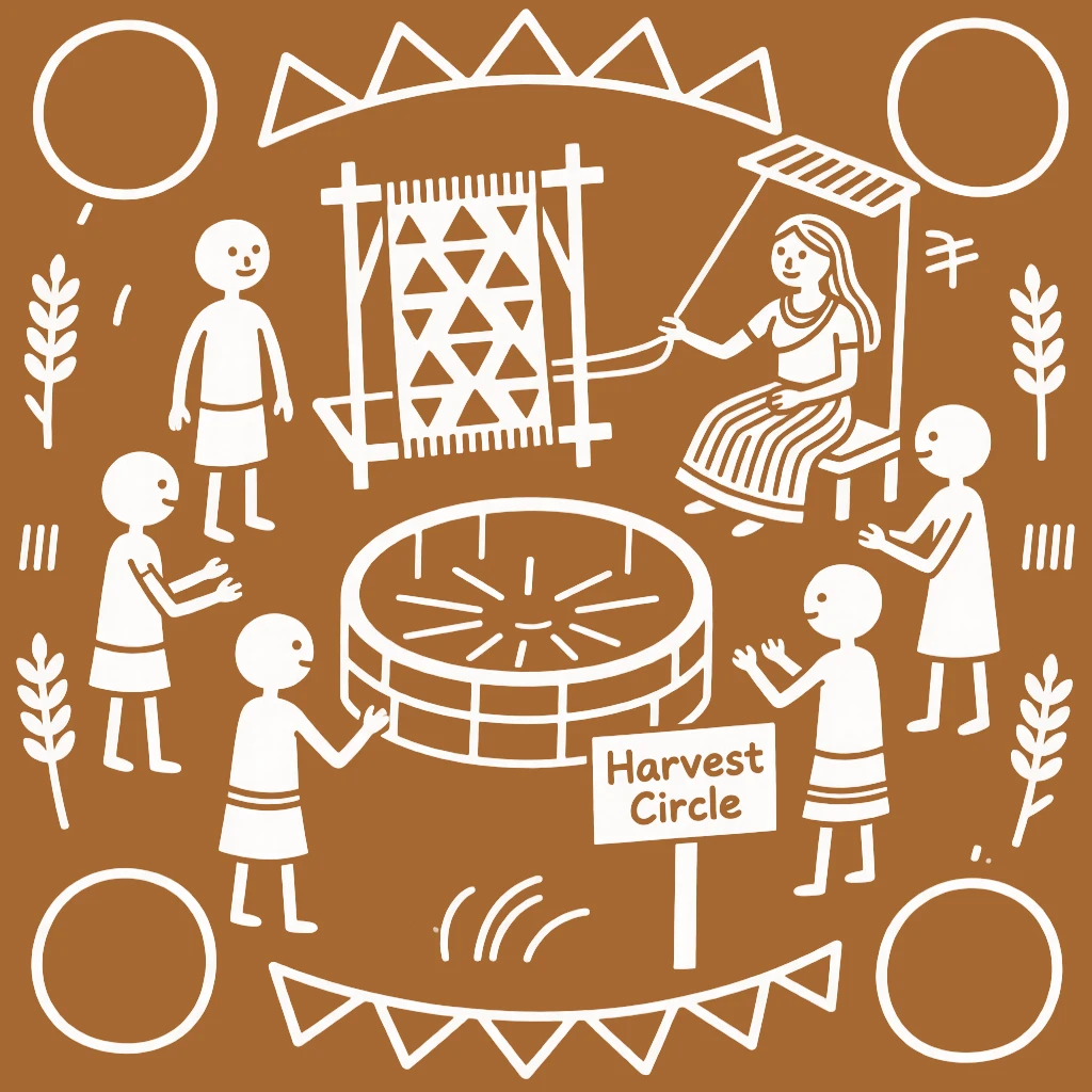 A weaver at her loom forming a circle to discuss the harvest at the village well.