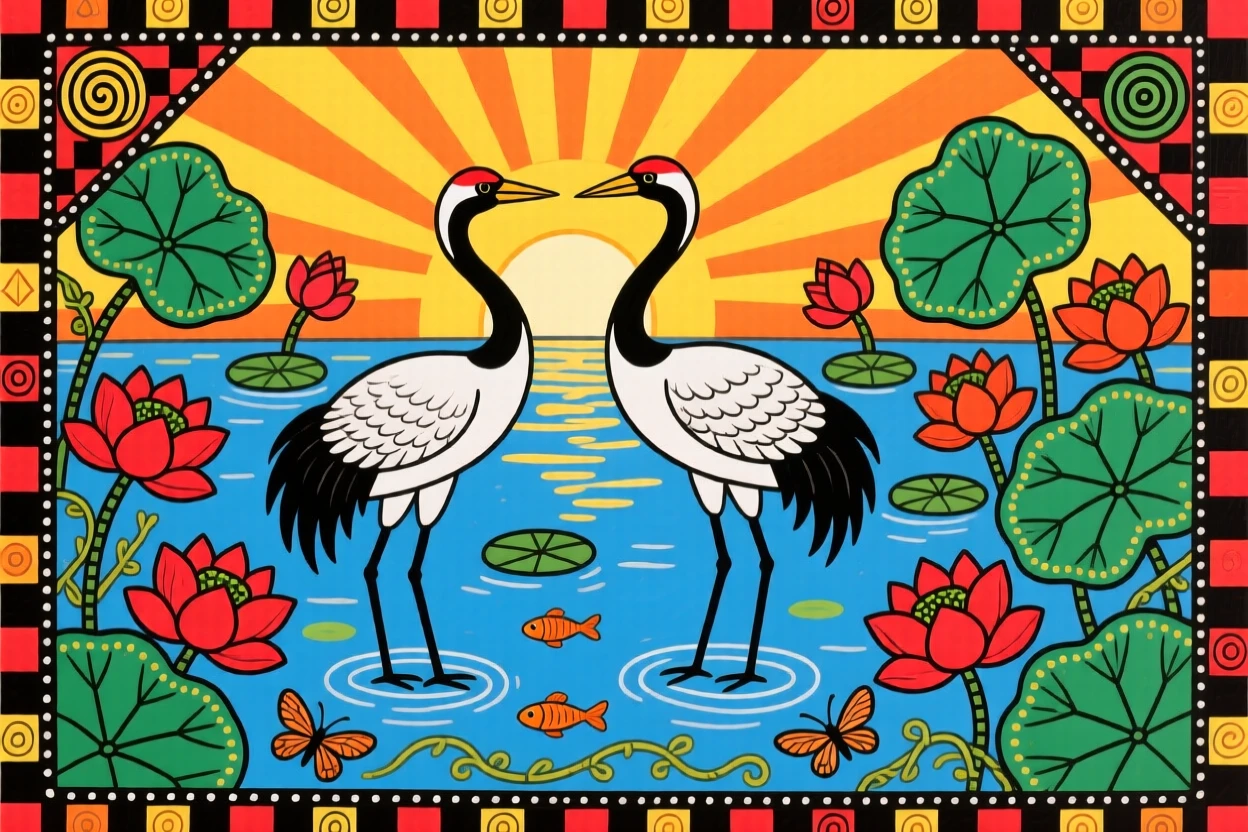 A pair of cranes standing in a lotus pond at first light.