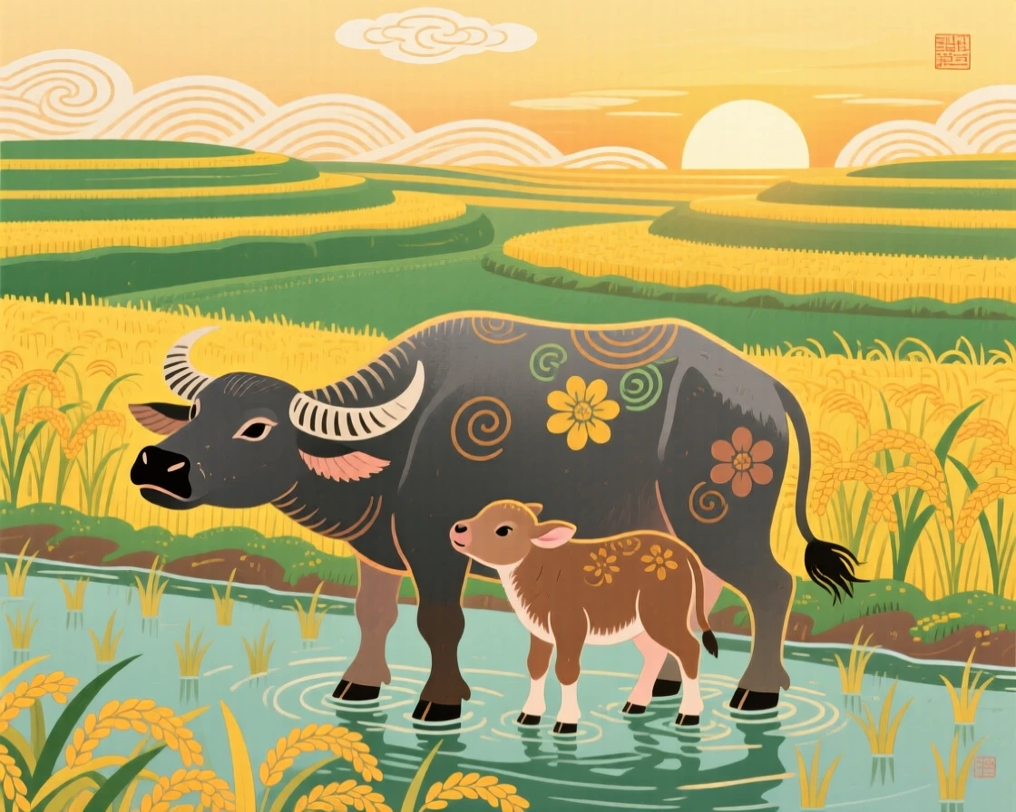 A water buffalo with its young among rice paddies at dawn, in the golden hour before sunset.