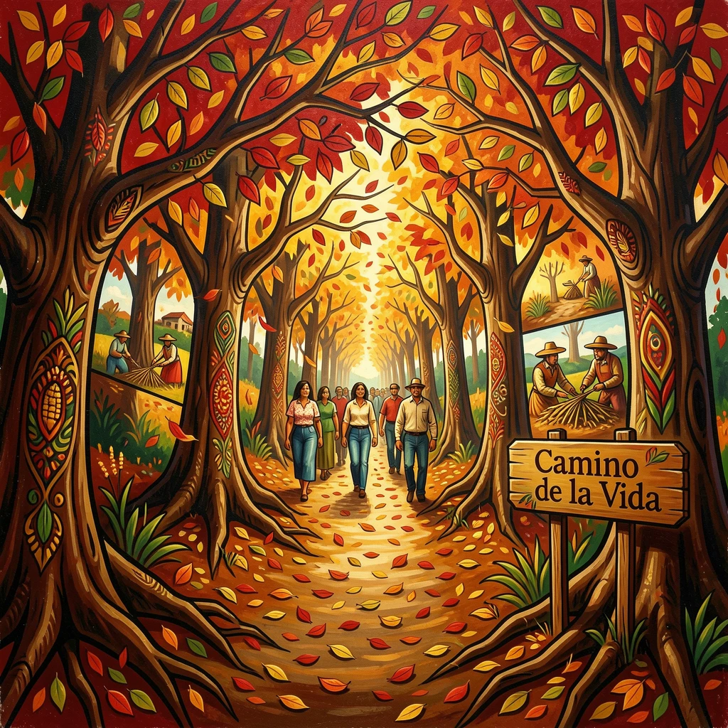 Autumn leaves in red and gold blanketing a forest path