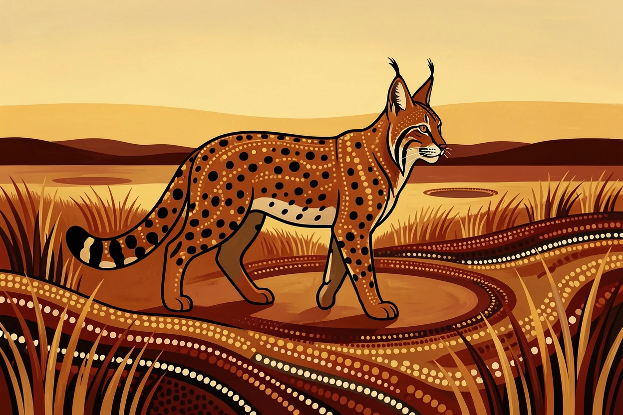 A lynx crossing an open grassland at dawn