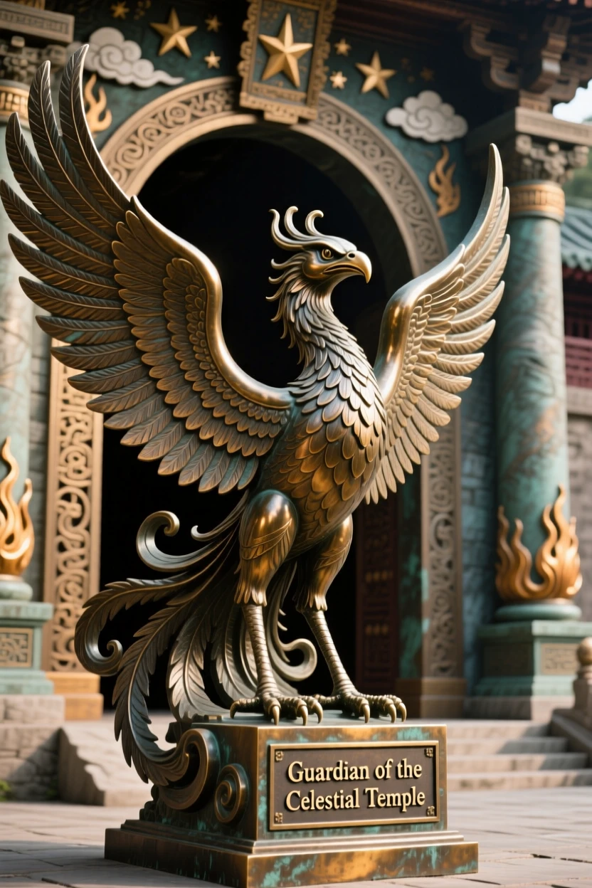 A celestial phoenix guarding a temple gate, rendered with dramatic, sweeping composition, radiating awe and grandeur