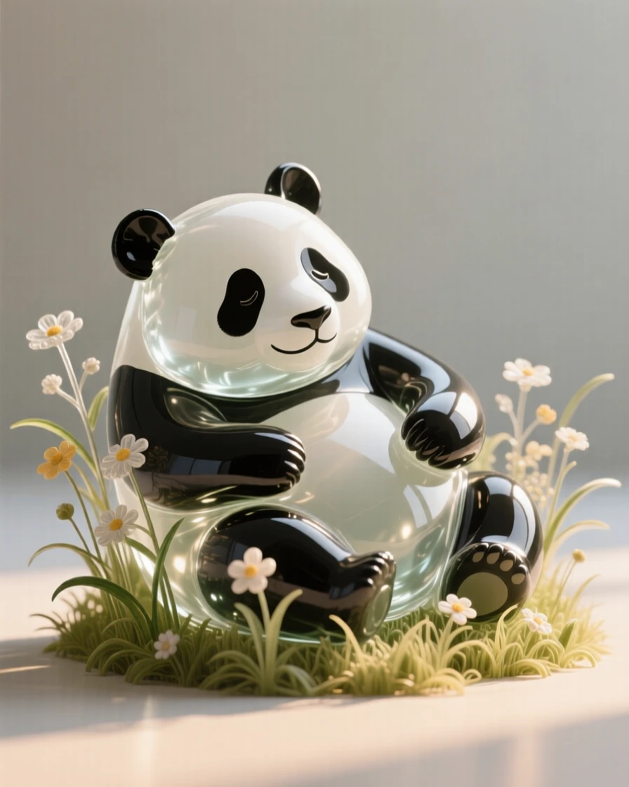 A giant panda resting peacefully in a sunlit meadow scattered with wildflowers, a gentle breeze bending the grass, evoking warmth and tranquility.