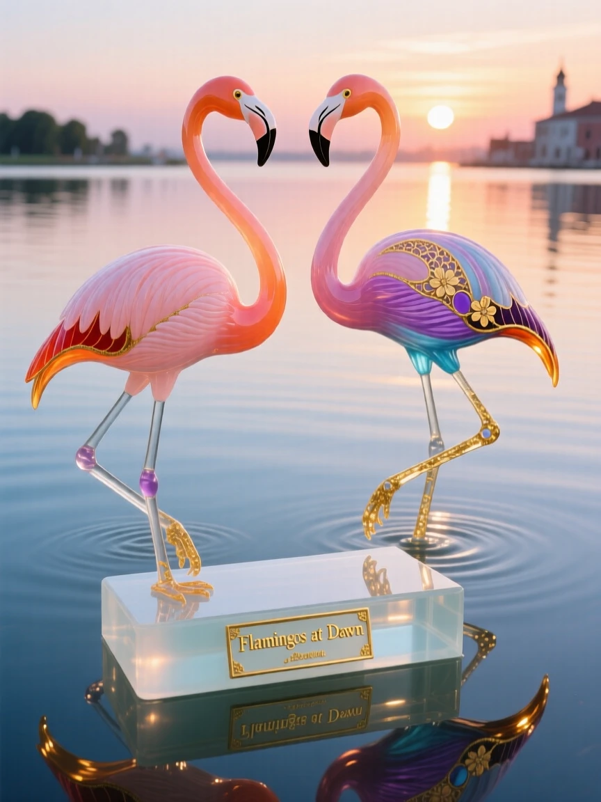 A flamboyance of flamingos wading through a mirror-still lagoon at sunrise, elegant and rhythmic, reflections doubling their forms.